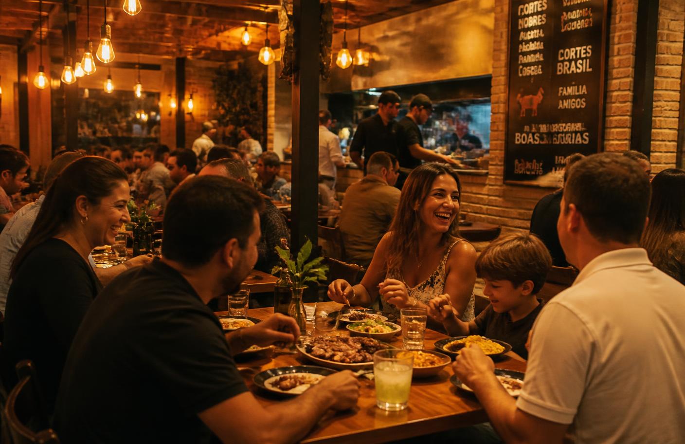 Mesas de madeira lotadas de amigos e família rindo enquanto compartilham pratos de churrasco sob lâmpadas âmbar