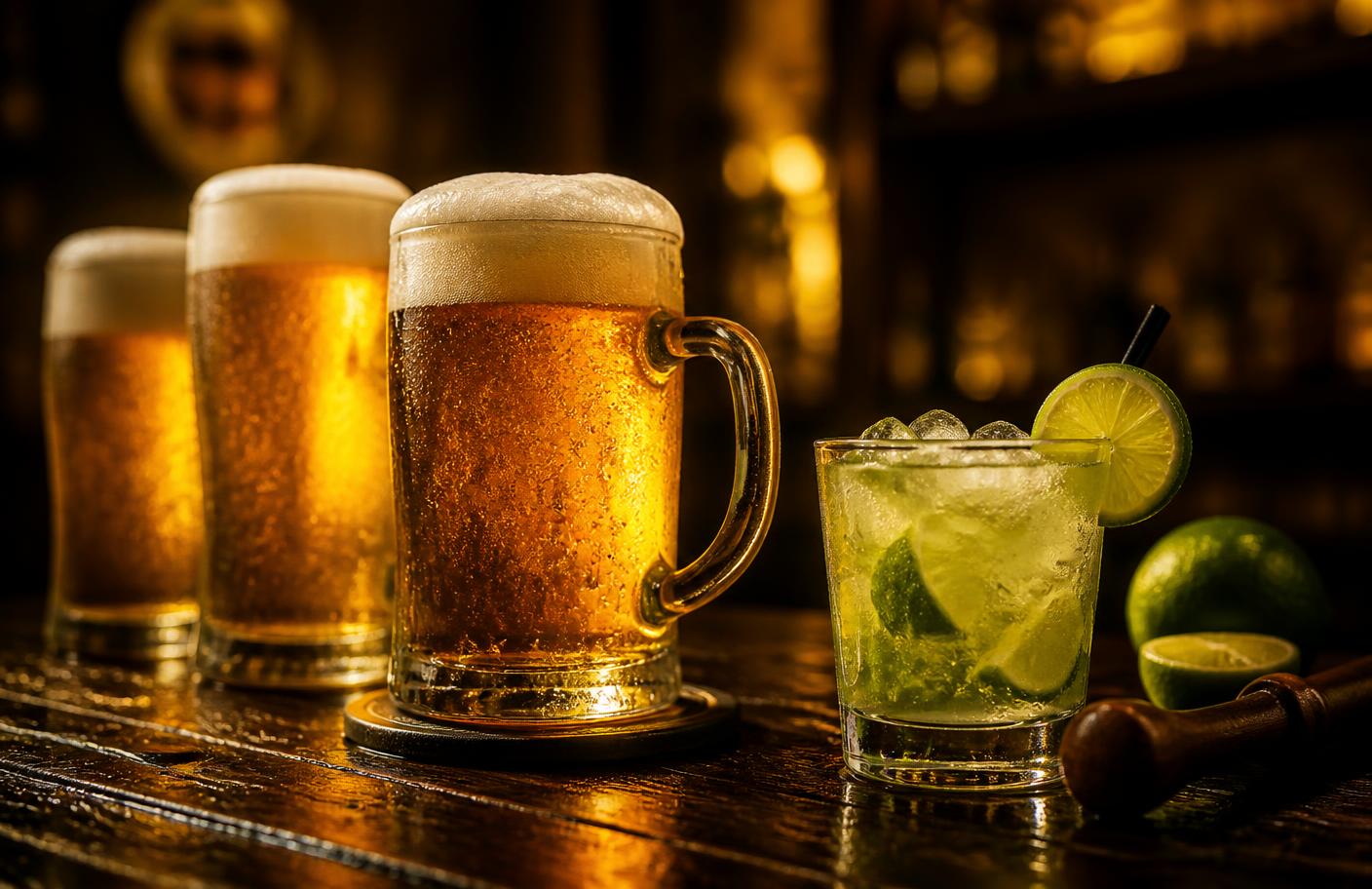 Canecas de chopp âmbar com colarinho e uma caipirinha sobre balcão de madeira escura, sob luz dourada